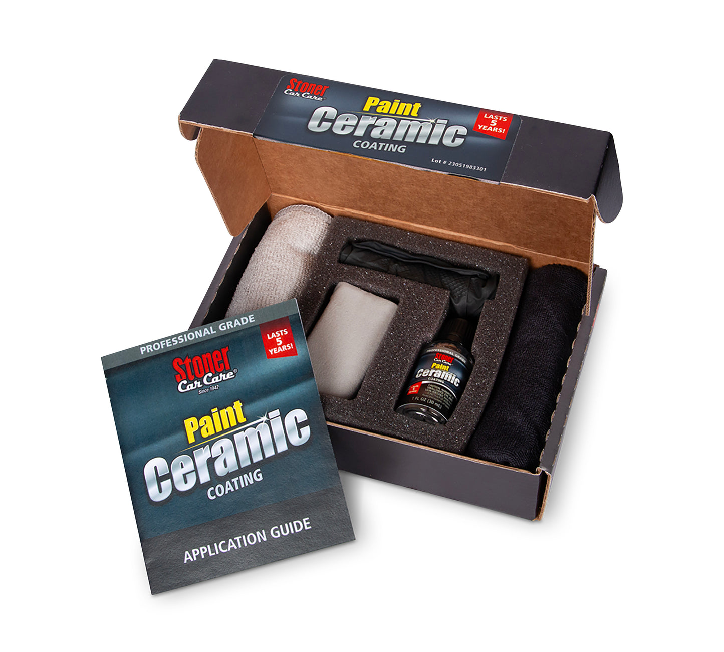 Stoner Professional Grade Paint Ceramic Coating 30ml box open, with the ceramic coating 30ml, microfiber towels and an application guide