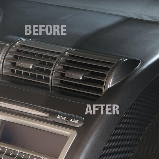 before and after comparison of the interior vents in a car being cleaned