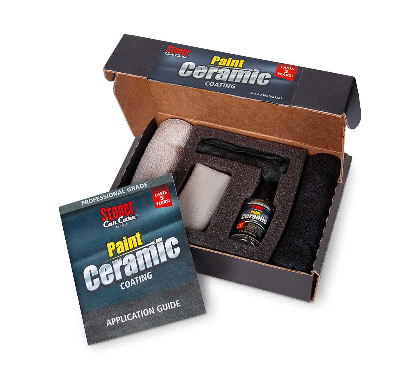 
                  
                    Stoner Professional Grade Paint Ceramic Coating 30ml box open, with the ceramic coating 30ml, microfiber towels and an application guide
                  
                