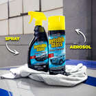 
                    
                      Two bottles of Invisible Glass glass cleaner, one spray and one aerosol, on a car window with a towel underneath.
                    
                  