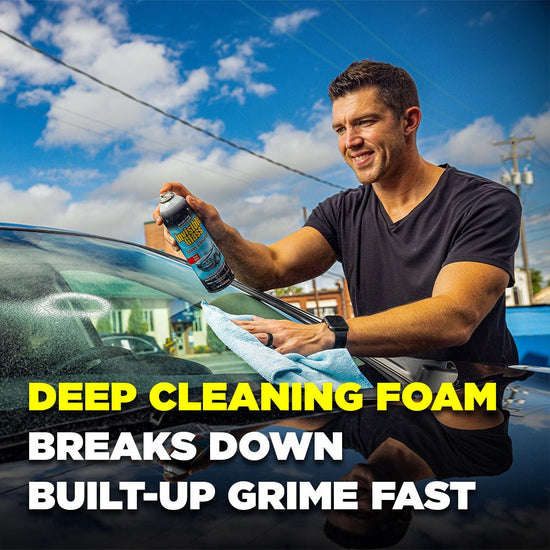 Man cleaning a car with deep cleaning foam, with text highlighting product benefits.