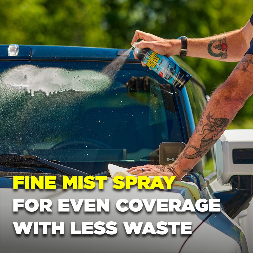 
                    
                      Person cleaning a car with a fine mist spray, with text highlighting the product's features.
                    
                  