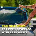 
                    
                      Person cleaning a car with a fine mist spray, with text highlighting the product's features.
                    
                  